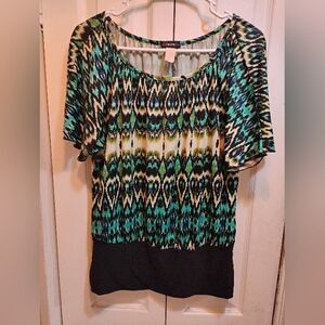 Cocomo Women's Vibrant Ikat Blouse - Green, Black, Cream